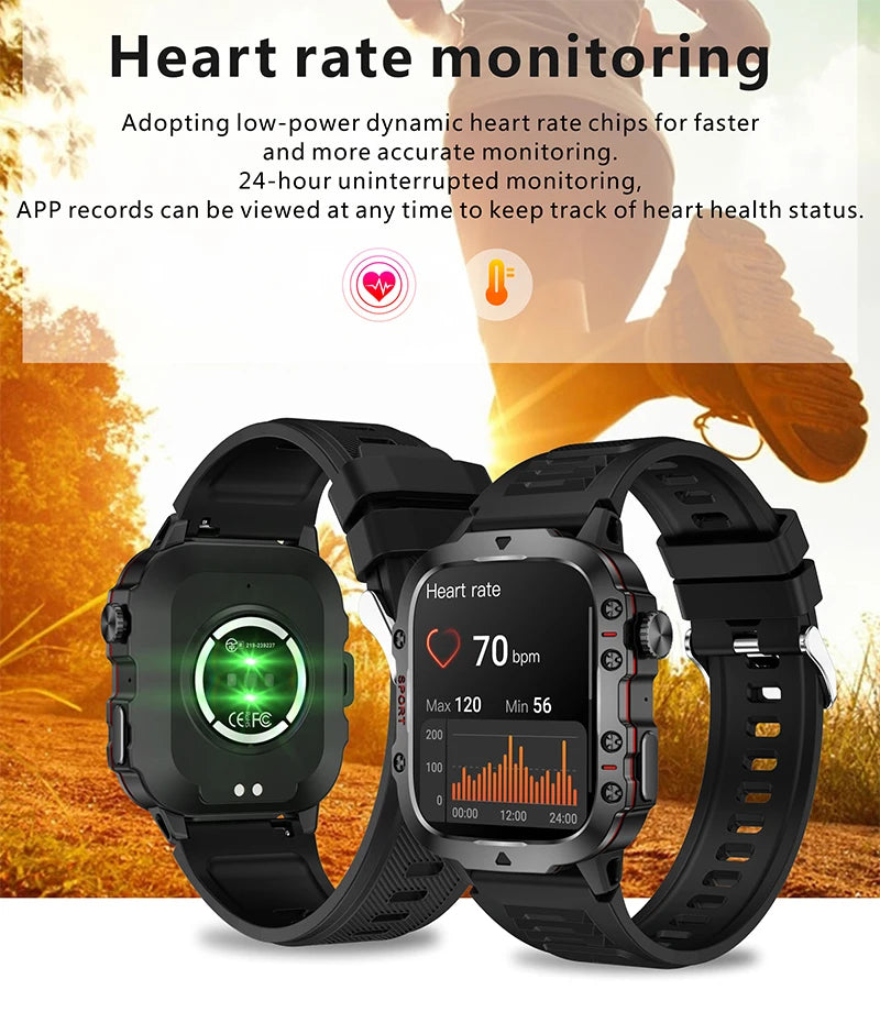 Montre Connectée Intelligente Militaire Hommes IP68 5ATM Sports de Plein Air Fitness Tracker Moniteur de Santé 1.96" BT Appel Smartwatch