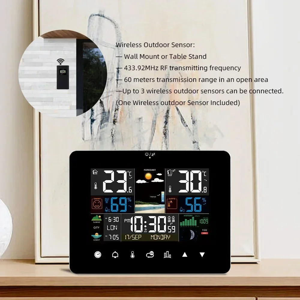 Station météo avec écran tactile et thermomètre hygromètre, réveil et capteur extérieur sans fil