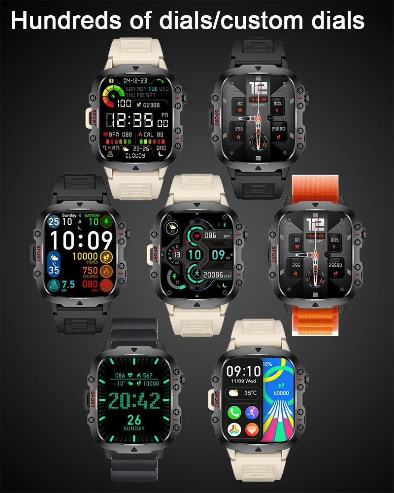 Montre Connectée Intelligente Militaire Hommes IP68 5ATM Sports de Plein Air Fitness Tracker Moniteur de Santé 1.96" BT Appel Smartwatch