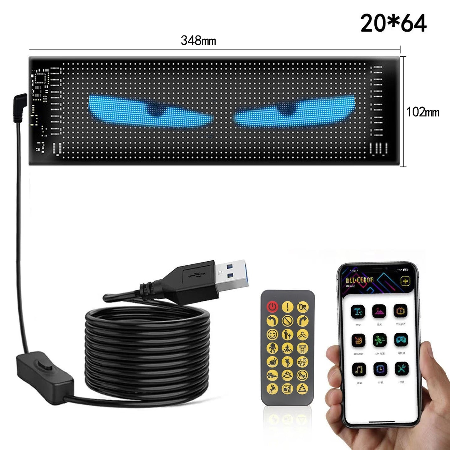 Tuning Voiture Pare-brise Panneau d'affichage matriciel LED Tuning animation Yeux LED pour voiture Camion pixel flexible, défilement programmable