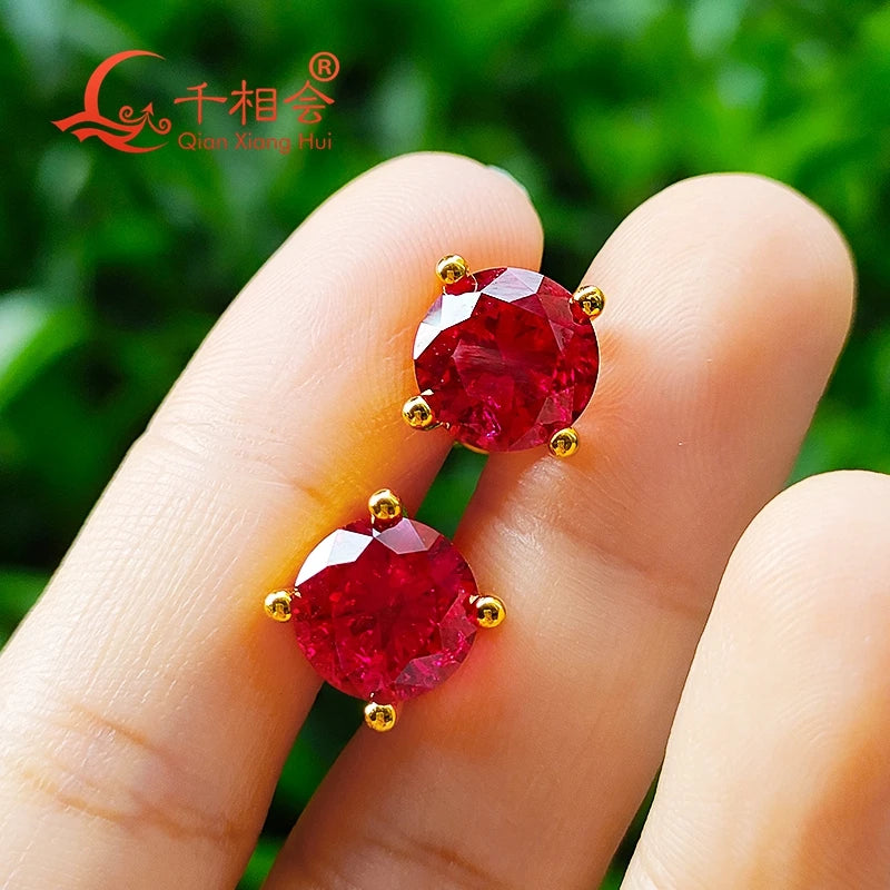 Boucles d'oreilles Mode Intemporelle en argent S925, or rose jaune, Pierre Diamant Moissanite rouge Profond sanguine , forme ronde, unique, Pierre Artificielle couleur rubis, goujon Clou d'oreille, bijoux de taille 5-9mm