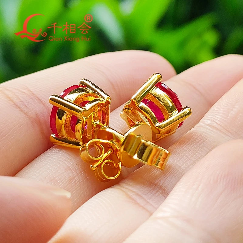 Boucles d'oreilles Mode Intemporelle en argent S925, or rose jaune, Pierre Diamant Moissanite rouge Profond sanguine , forme ronde, unique, Pierre Artificielle couleur rubis, goujon Clou d'oreille, bijoux de taille 5-9mm