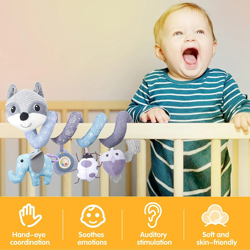 Jouets pour siège auto pour bébé en peluche spirale pour bébé renard, activité suspendue pour poussette, berceau, mobile avec musique, couineur et hochets