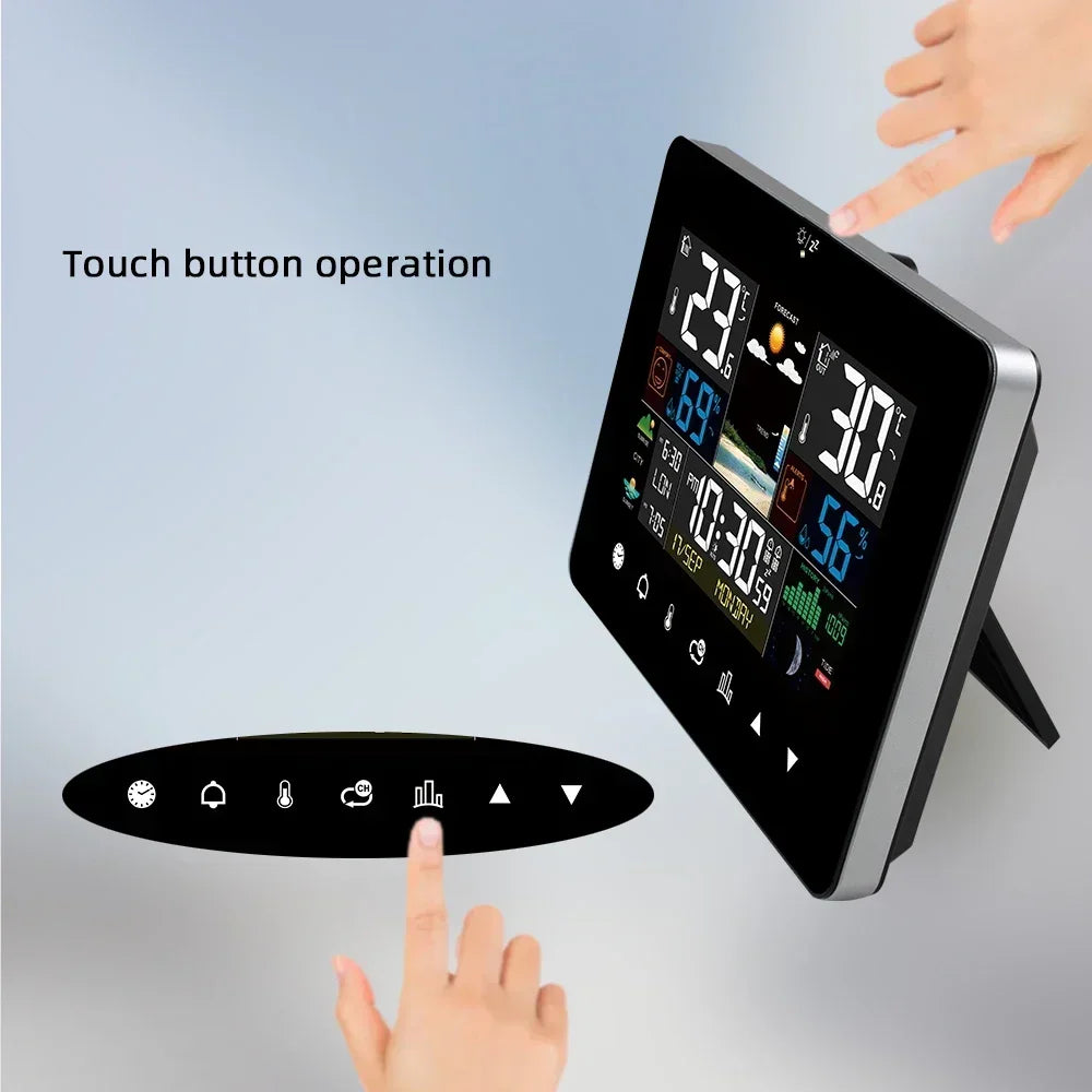 Station météo avec écran tactile et thermomètre hygromètre, réveil et capteur extérieur sans fil