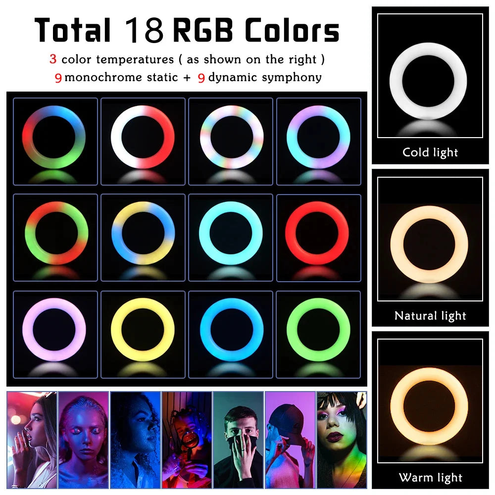 Anneaux Lumineux Éclairage ring light 3D à 18 LED avec trépied, lampe circulaire, éclairage de photographie, selfie, support de téléphone, pour vidéo Youtuber