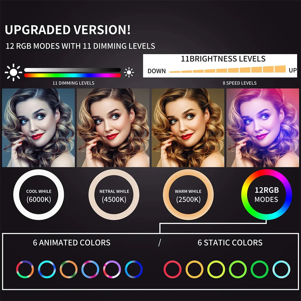 Anneaux Lumineux Éclairage ring light 3D à 18 LED avec trépied, lampe circulaire, éclairage de photographie, selfie, support de téléphone, pour vidéo Youtuber