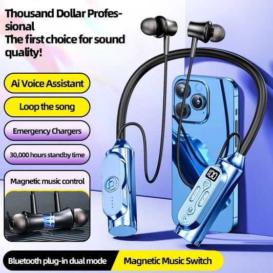 Ecouteurs Casque tour de cou magnétique sans fil Bluetooth 6.0 Écouteurs à affichage LED Écouteurs de sport à réduction de bruit avec micro