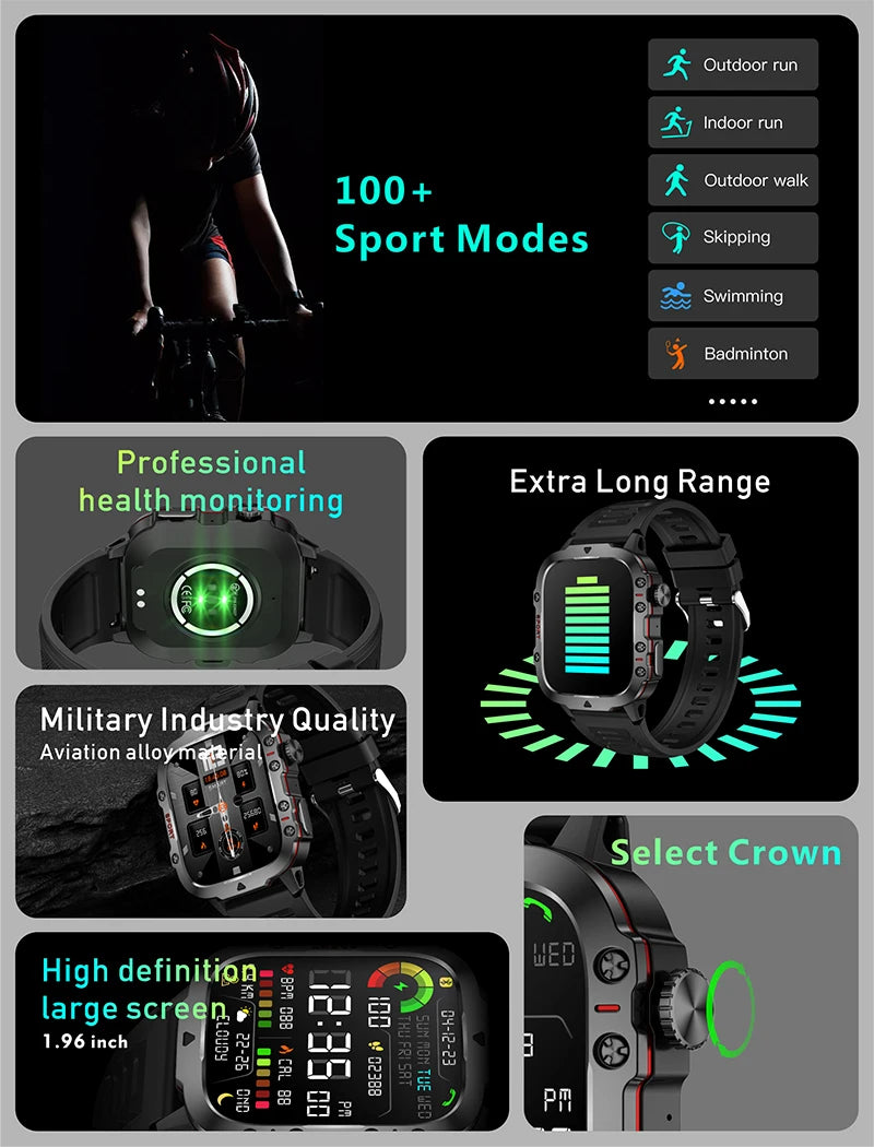Montre Connectée Intelligente Militaire Hommes IP68 5ATM Sports de Plein Air Fitness Tracker Moniteur de Santé 1.96" BT Appel Smartwatch