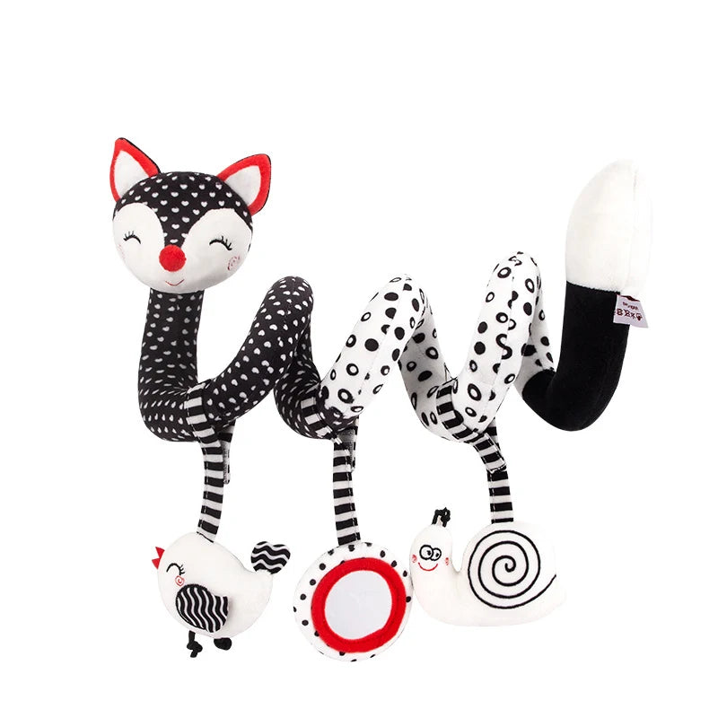 Jouets pour siège auto pour bébé en peluche spirale pour bébé renard, activité suspendue pour poussette, berceau, mobile avec musique, couineur et hochets
