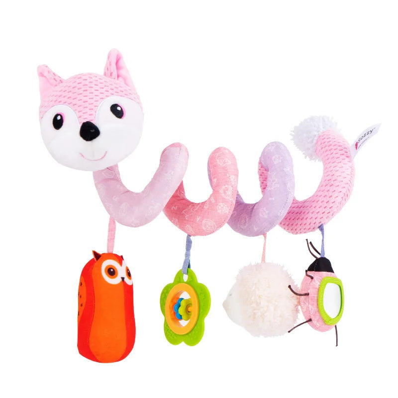 Jouets pour siège auto pour bébé en peluche spirale pour bébé renard, activité suspendue pour poussette, berceau, mobile avec musique, couineur et hochets