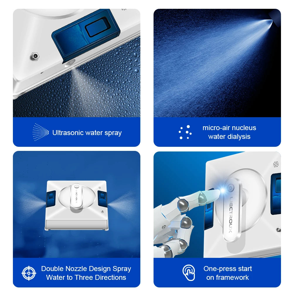 Robot nettoyeur de vitres, jet d'eau bidirectionnel, aspirateur robot pour vitres de sol en verre, aspirateur puissant, mémoire intelligente
