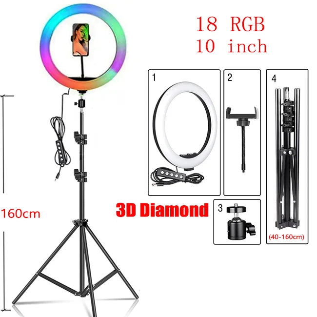 Anneaux Lumineux Éclairage ring light 3D à 18 LED avec trépied, lampe circulaire, éclairage de photographie, selfie, support de téléphone, pour vidéo Youtuber