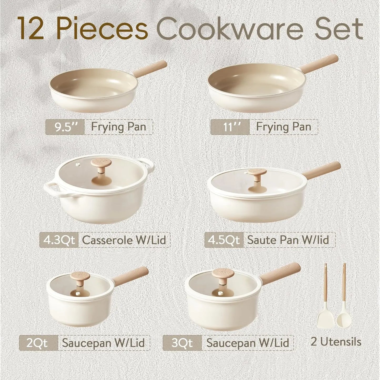 Ensemble de 12 casseroles et poêles en granit à induction ustensiles de cuisine antiadhésifs sain avec poêles à frire et casserole