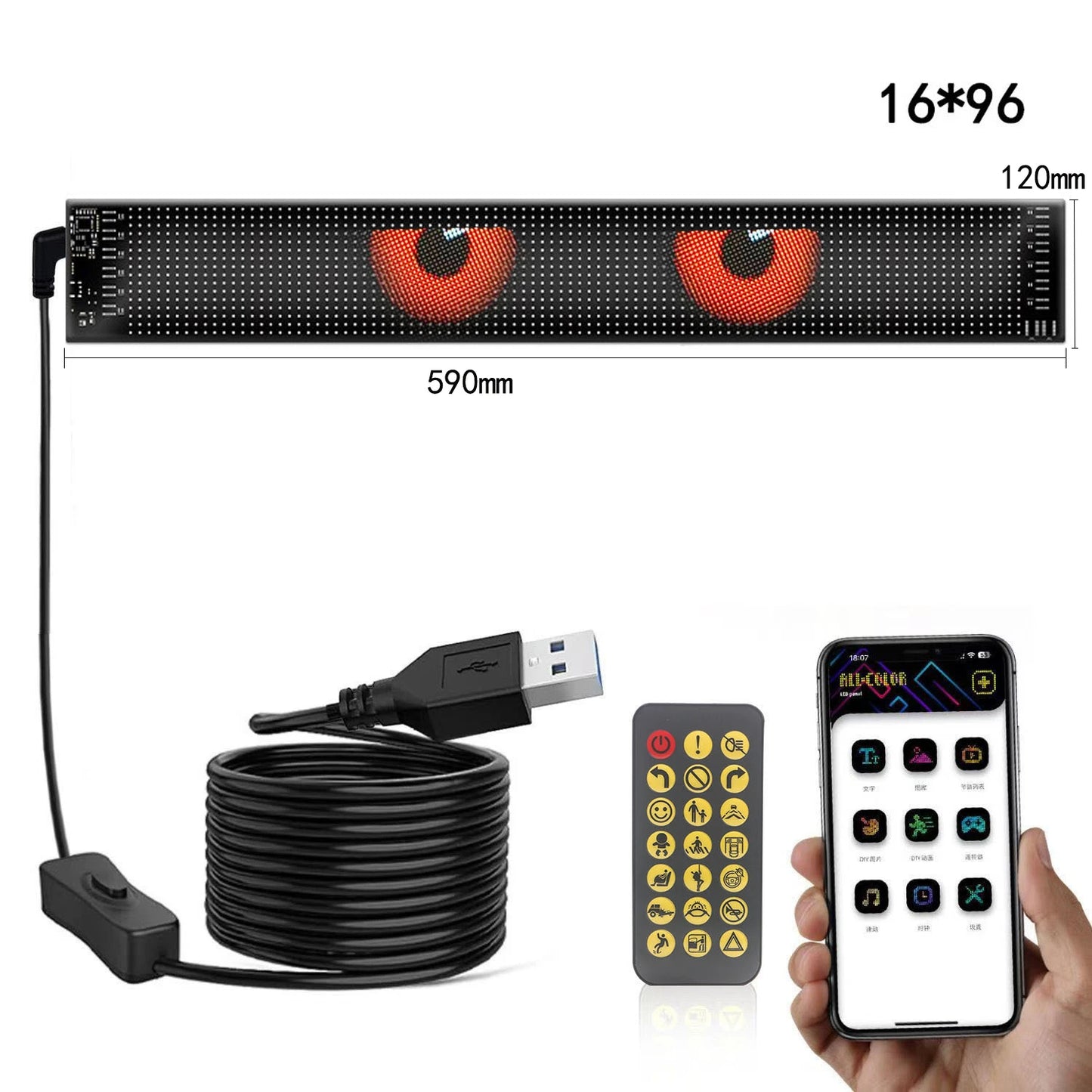 Tuning Voiture Pare-brise Panneau d'affichage matriciel LED Tuning animation Yeux LED pour voiture Camion pixel flexible, défilement programmable