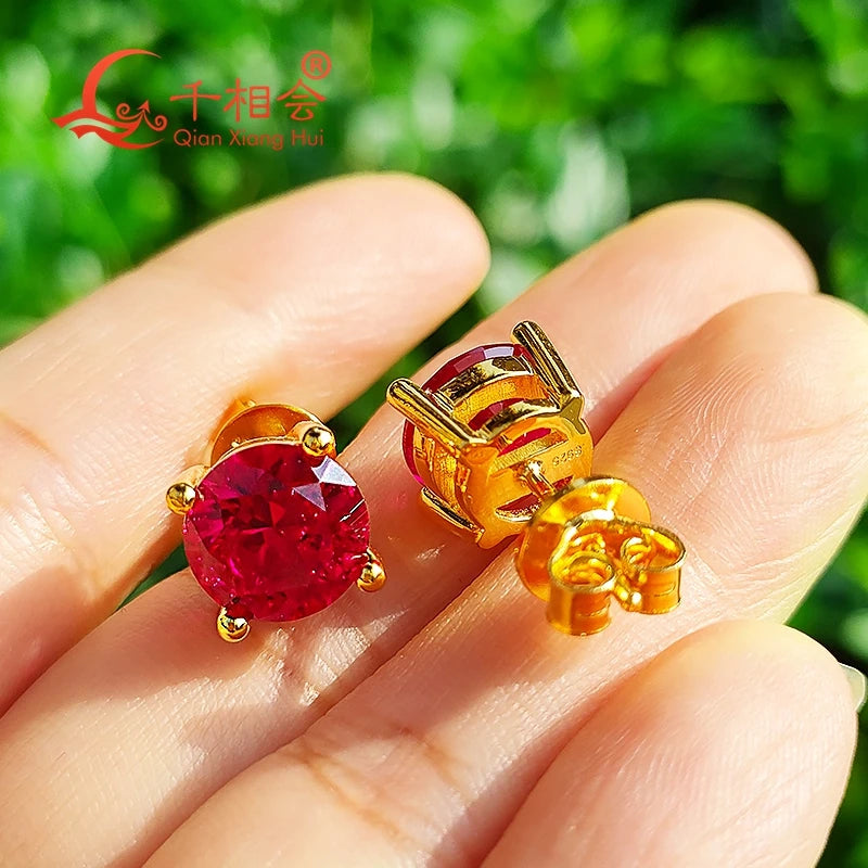 Boucles d'oreilles Mode Intemporelle en argent S925, or rose jaune, Pierre Diamant Moissanite rouge Profond sanguine , forme ronde, unique, Pierre Artificielle couleur rubis, goujon Clou d'oreille, bijoux de taille 5-9mm