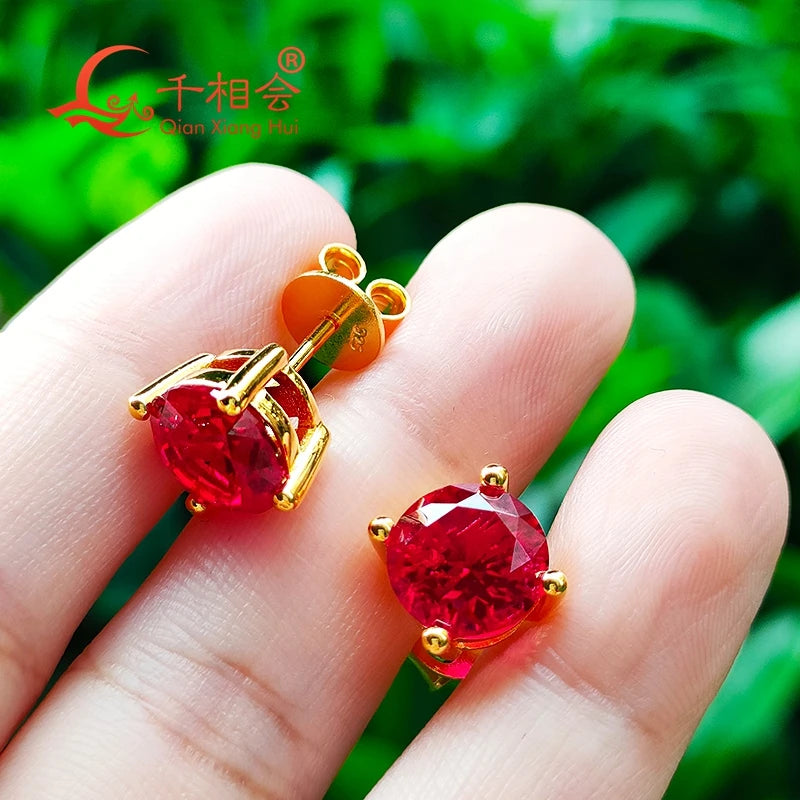 Boucles d'oreilles Mode Intemporelle en argent S925, or rose jaune, Pierre Diamant Moissanite rouge Profond sanguine , forme ronde, unique, Pierre Artificielle couleur rubis, goujon Clou d'oreille, bijoux de taille 5-9mm