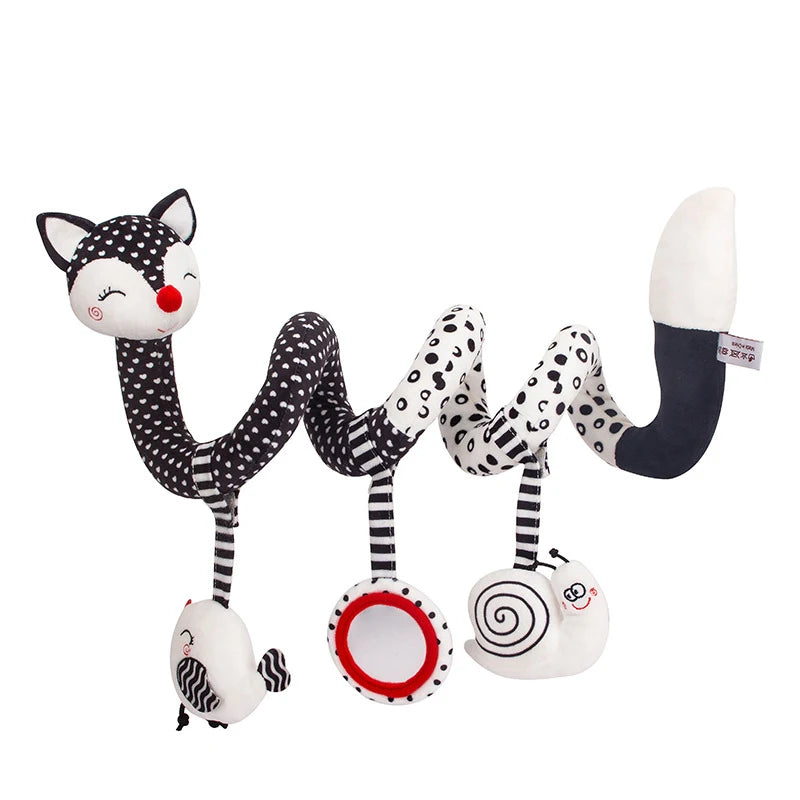 Jouets pour siège auto pour bébé en peluche spirale pour bébé renard, activité suspendue pour poussette, berceau, mobile avec musique, couineur et hochets